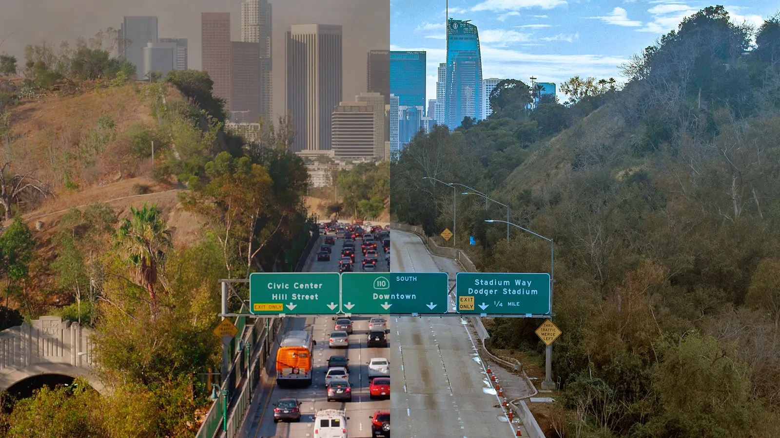 Split image: congested smoggy LA freeway on left versus clean empty road on right — visualizing the difference smart transportation policy can make
