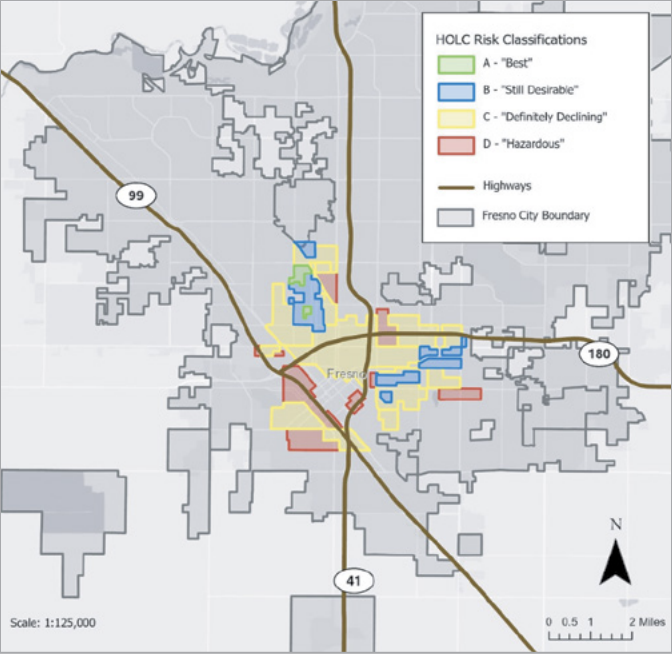 Fresno HOLC risk classification map showing Grade D Hazardous neighborhoods overlaid with SR-99 and SR-41 highway corridors
