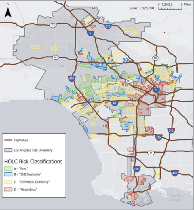 Los Angeles HOLC risk classification map showing Grade D Hazardous neighborhoods in red overlaid with highway corridors including I-5, I-10, I-105, I-110, and I-710