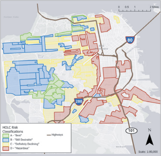 San Francisco HOLC risk classification map showing Grade D Hazardous neighborhoods overlaid with I-80, I-101, and I-280 highway corridors