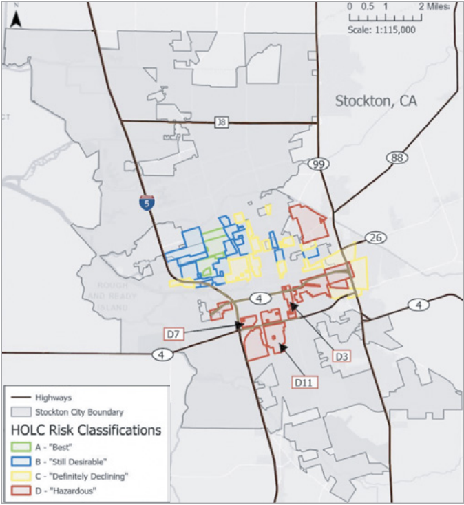Stockton HOLC risk classification map showing Grade D Hazardous neighborhoods overlaid with I-5 and SR-99 highway corridors