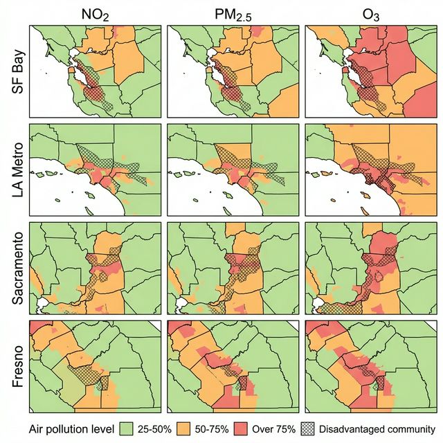 Maps showing NO2, PM2.5, and ozone pollution overlapping disadvantaged communities across SF Bay, LA, Sacramento, and Fresno