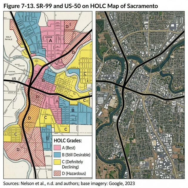 Split image: 1940s HOLC redlining map of Sacramento overlaid with SR-99 and US-50 freeway routes, next to modern aerial